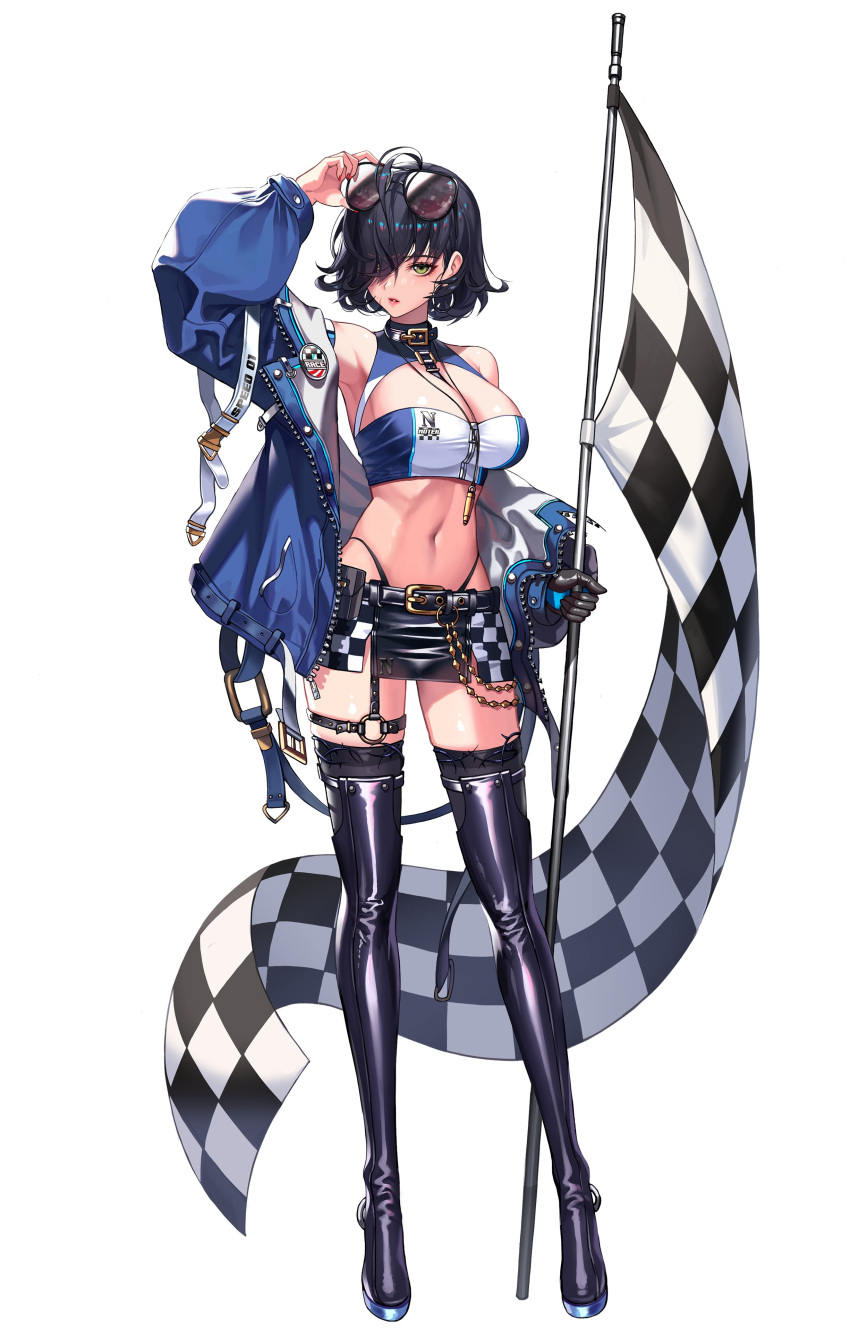 1girl, 2v_(joyeong), absurdres, adjusting_eyewear, arm_up, bangs, black_gloves, black_hair