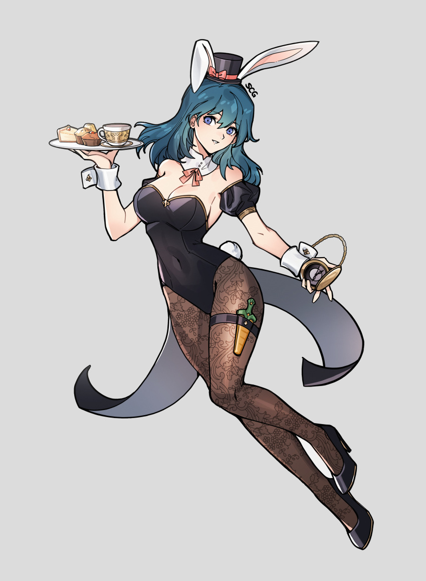 1girl, absurdres, animal_ears, blue_eyes, blue_hair, bow, breasts, byleth_(fire_emblem)