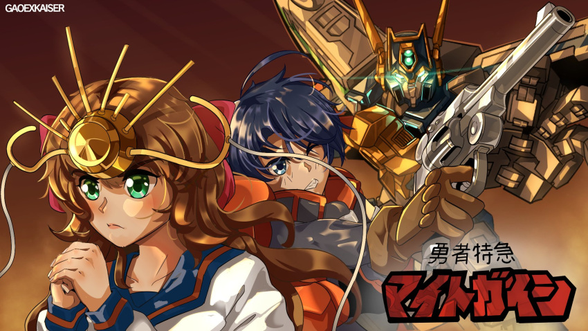 1boy, 1girl, aqua_eyes, blue_eyes, blue_hair, brown_hair, english_commentary, gao_ex_kaiser