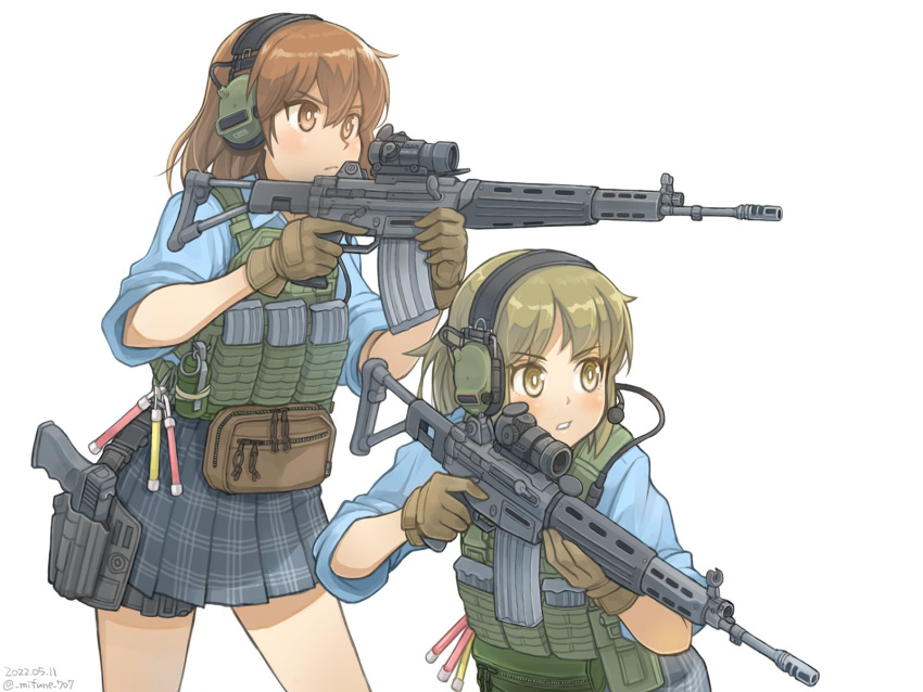 2girls, assault_rifle, bangs, black_skirt, blue_shirt, blush, brown_eyes, brown_gloves