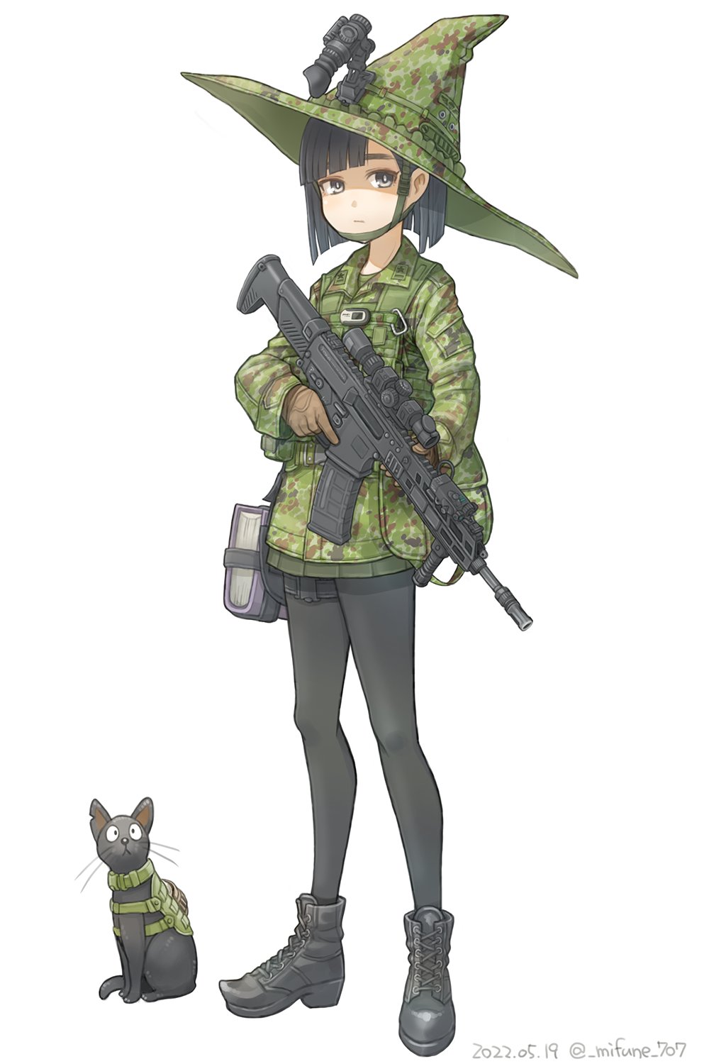 1girl, assault_rifle, bangs, black_cat, black_eyes, black_footwear, black_hair, black_legwear, black_skirt, book, boots, brown_gloves, camouflage, camouflage_headwear, camouflage_jacket, cat, commentary_request, dated, foregrip, gloves, gun, hair_behind_ear, hat, highres, holding, holding_gun, holding_weapon, jacket, mifune_(_mifune_707), original, pantyhose, rifle, scope, short_hair, skirt, solo, trigger_discipline, twitter_username, weapon, weapon_request, whiskers, witch_hat