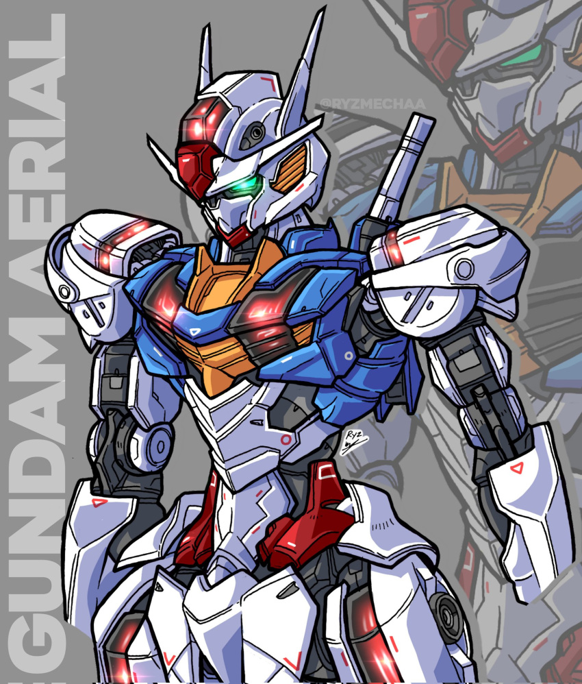 character_name, english_commentary, glowing, glowing_eye, green_eyes, grey_background, gundam, gundam_aerial