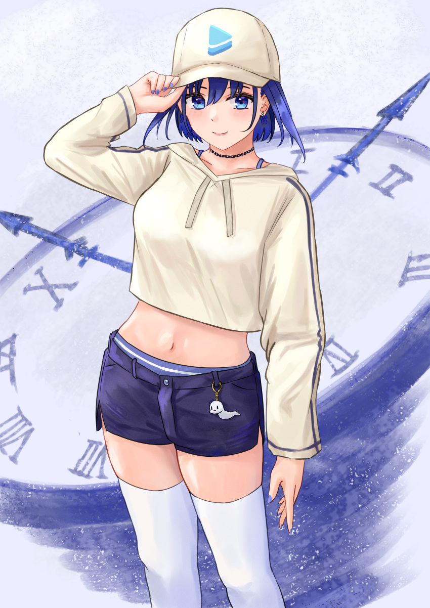 1girl, absurdres, bangs, baseball_cap, black_choker, blue_eyes, blue_hair, blue_nails