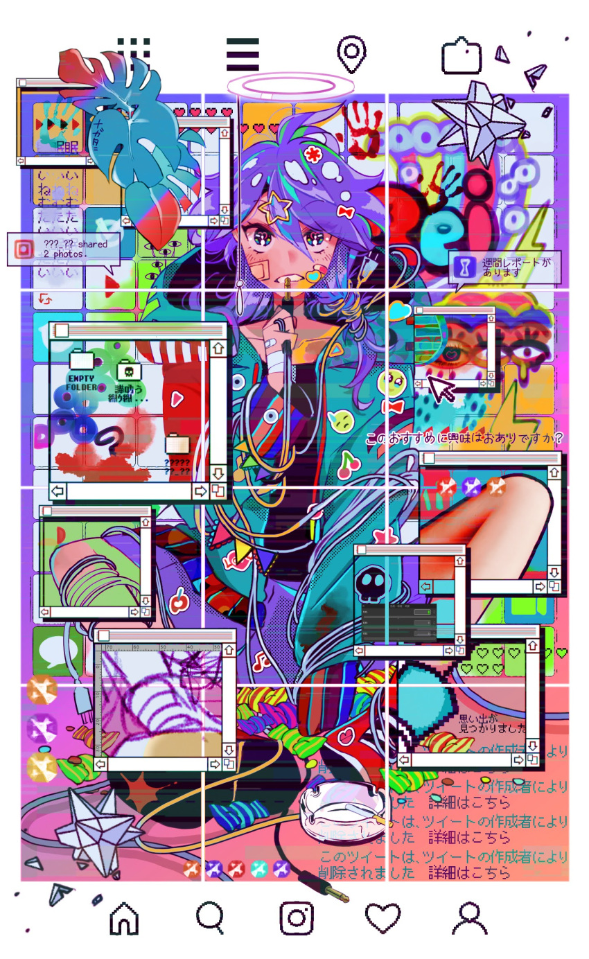 1girl, ashtray, asymmetrical_footwear, bandaid, bandaid_on_face, blue_eyes, cable, cigarette