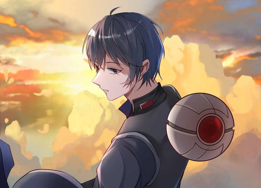 1boy, black_hair, clouds, diao_mao_de_yu_shushu, from_side, hair_behind_ear, highres, leon_fou_bartford