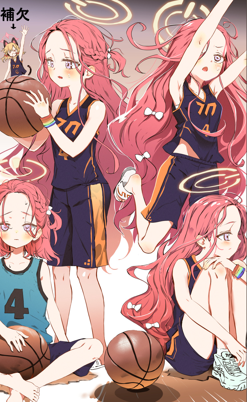 >_<, 2girls, absurdres, animal_ears, arm_up, arms_up, arrow_(symbol), ball