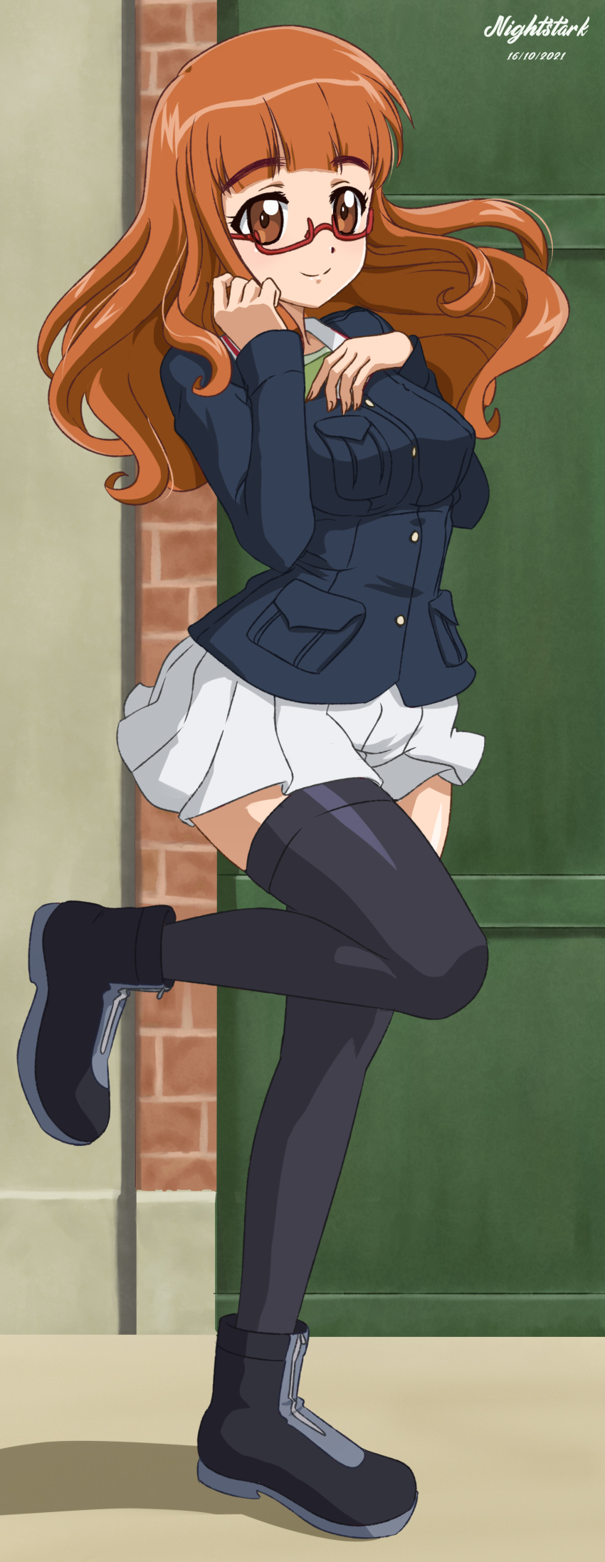 1girl, absurdres, artist_name, bangs, black_footwear, black_legwear, blue_jacket, blunt_bangs, boots, closed_mouth, commentary, dated, english_commentary, eyebrows_visible_through_hair, girls_und_panzer, glasses, green_shirt, hand_in_own_hair, hand_on_own_chest, highres, indoors, jacket, leg_up, long_hair, long_sleeves, looking_at_viewer, military, military_uniform, miniskirt, nightstark, ooarai_military_uniform, orange_eyes, orange_hair, pleated_skirt, red-framed_eyewear, semi-rimless_eyewear, shadow, shirt, signature, skirt, smile, solo, standing, standing_on_one_leg, takebe_saori, thigh-highs, under-rim_eyewear, uniform, white_skirt, zipper