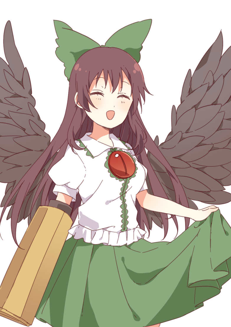 1girl, arm_cannon, bangs, bird_wings, black_wings, blush, bow, breasts