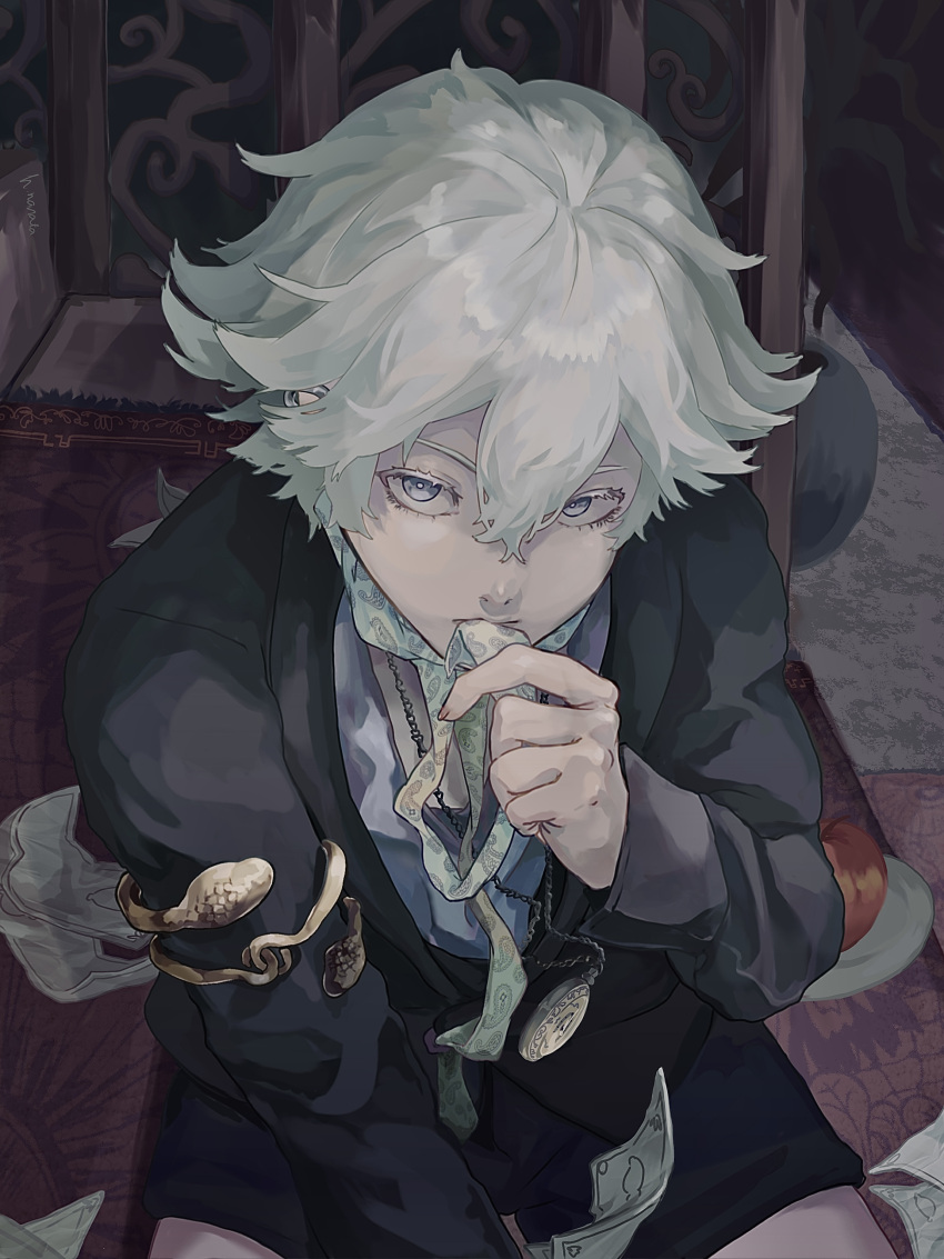 1boy, absurdres, armlet, bangs, black_jacket, black_shorts, blue_eyes, carpet, closed_mouth, cowboy_shot, flipped_hair, from_above, grey_eyes, hair_between_eyes, hand_up, highres, holding, hozo_nanata, jacket, jewelry, long_sleeves, looking_at_viewer, looking_up, male_focus, money, paradox_live, pendant, shirt, short_hair, shorts, simple_background, snake_armband, solo, white_hair, yatonokami_nayuta