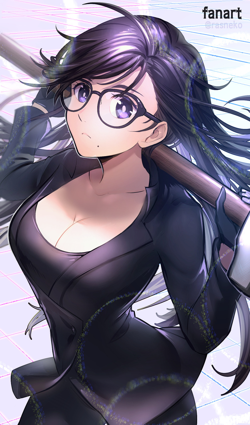 1girl, black_hair, breasts, glasses, hammer, highres, holding, holding_hammer