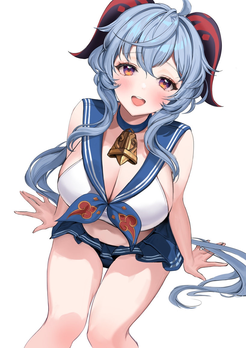 1girl, ahoge, bangs, bell, bikini, bikini_skirt, blue_hair, blue_skirt, blush, breasts, choker, cowbell, eyebrows_visible_through_hair, from_above, ganyu_(genshin_impact), genshin_impact, goat_horns, hair_between_eyes, hair_intakes, horns, large_breasts, long_hair, looking_at_viewer, looking_up, mikan03_26, open_mouth, pleated_skirt, raised_eyebrows, round_teeth, shiny, shiny_hair, simple_background, sitting, skirt, smile, solo, swimsuit, teeth, thigh_gap, thighs, upper_teeth, very_long_hair, white_background, white_bikini