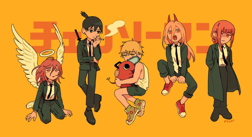 +_+, 2girls, 3boys, angel_devil_(chainsaw_man), angel_wings, artist_name, bangs, between_legs, black_coat, black_footwear, black_jacket, black_necktie, blonde_hair, business_suit, chainsaw, chainsaw_man, chibi, child, cigarette, coat, denji_(chainsaw_man), feathered_wings, formal, full_body, green_footwear, halo, hand_between_legs, hands_in_pockets, hands_on_floor, hands_on_hips, hayakawa_aki, highres, holding, holding_cigarette, hug, jacket, katana, kneeling, long_hair, long_sleeves, looking_at_viewer, makima_(chainsaw_man), medium_hair, multiple_boys, multiple_girls, necktie, one_eye_covered, open_mouth, pink_hair, pochita_(chainsaw_man), ponytail, power_(chainsaw_man), poxeii, red_footwear, redhead, ringed_eyes, sharp_teeth, shoes, short_hair, shorts, simple_background, smoke, smoking, sneakers, standing, suit, sword, tank_top, teeth, weapon, white_footwear, white_tank_top, white_wings, wings, yellow_background, yellow_eyes