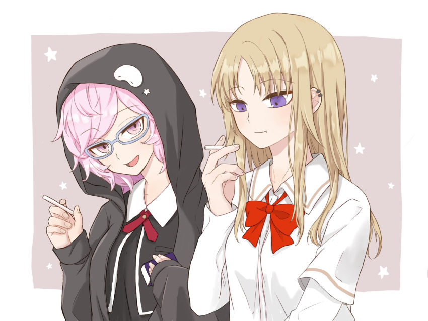 2girls, bangs, black_dress, black_jacket, blonde_hair, blue-framed_eyewear, bolo_tie, border, candy, cigarette_candy, collared_dress, cropped_jacket, daitou_academy_uniform, dress, ear_piercing, eating, eyebrows_visible_through_hair, food, glasses, grey_hoodie, highres, hood, hood_up, hoodie, jacket, kazari_jun, layered_sleeves, long_hair, long_sleeves, looking_at_another, looking_at_food, magia_record:_mahou_shoujo_madoka_magica_gaiden, mahou_shoujo_madoka_magica, multiple_girls, neck_ribbon, necktie, omatsu214, open_mouth, piercing, pink_eyes, pink_hair, red_necktie, red_ribbon, ribbon, sakae_general_school_uniform, school_uniform, shirt, short_over_long_sleeves, short_sleeves, star_(symbol), swept_bangs, upper_body, violet_eyes, white_shirt, yukino_kanae
