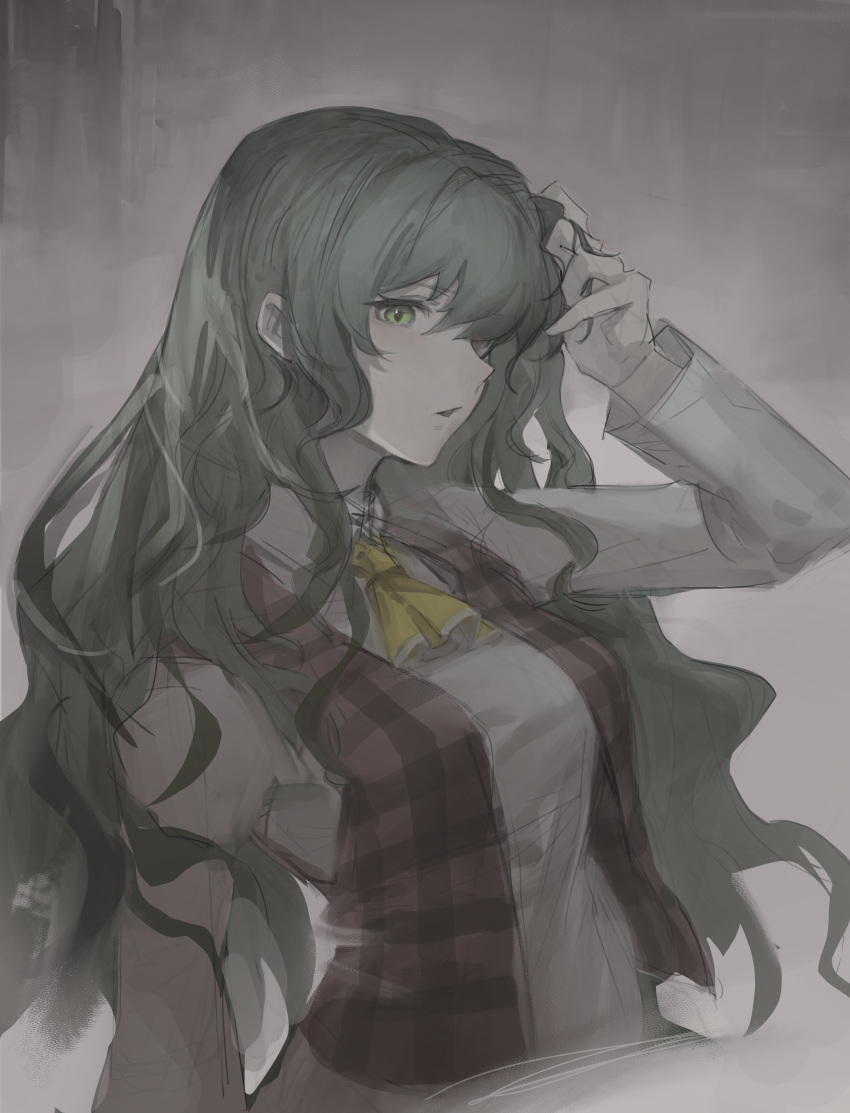 1girl, absurdres, adjusting_hair, ascot, blush, collared_shirt, commentary, green_eyes, green_hair, hand_up, heibaise_jiangshi, highres, kazami_yuuka, long_hair, long_sleeves, looking_at_viewer, parted_lips, plaid, plaid_vest, red_vest, shirt, sideways_glance, solo, touhou, upper_body, very_long_hair, vest, wavy_hair, white_shirt, yellow_ascot