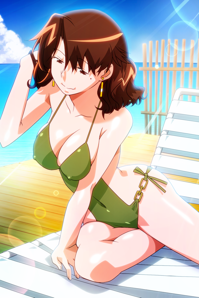 1girl, adjusting_hair, bangs, beach_chair, breasts, brown_eyes, brown_hair, covered_navel