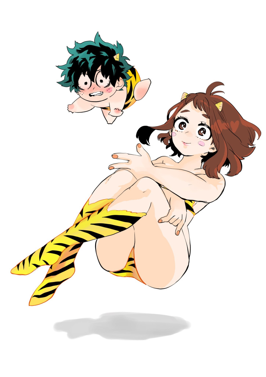 1boy, 1girl, animal_ears, animal_print, bikini, blush, boku_no_hero_academia, boots, breasts, brown_eyes, brown_hair, cosplay, crossed_legs, czh5h0ca8gkehoj, floating, floating_hair, green_hair, highres, knee_boots, large_breasts, leopard_ears, leopard_print, lum, lum_(cosplay), midoriya_izuku, simple_background, solo_focus, swimsuit, ten_(urusei_yatsura), uraraka_ochako, urusei_yatsura, white_background