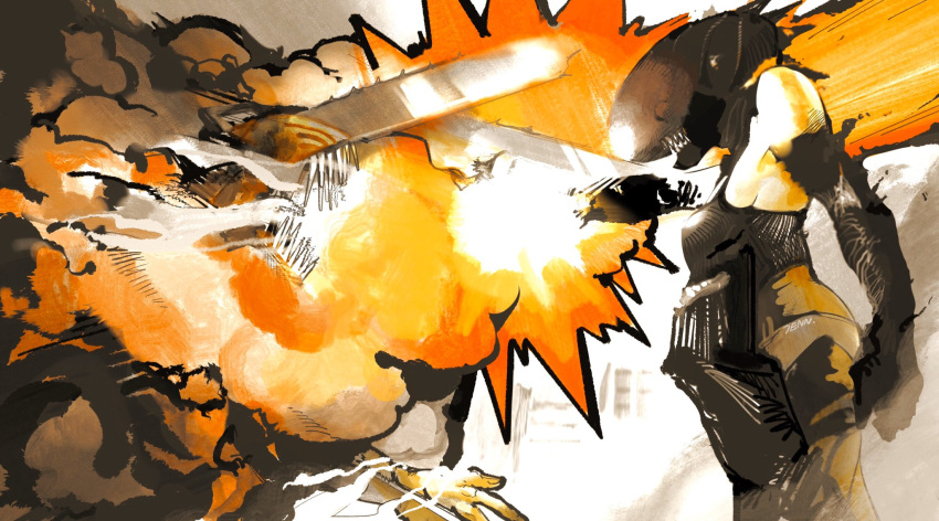 1boy, 1girl, 7enn, black_dress, black_footwear, black_gloves, bomb_devil, boots