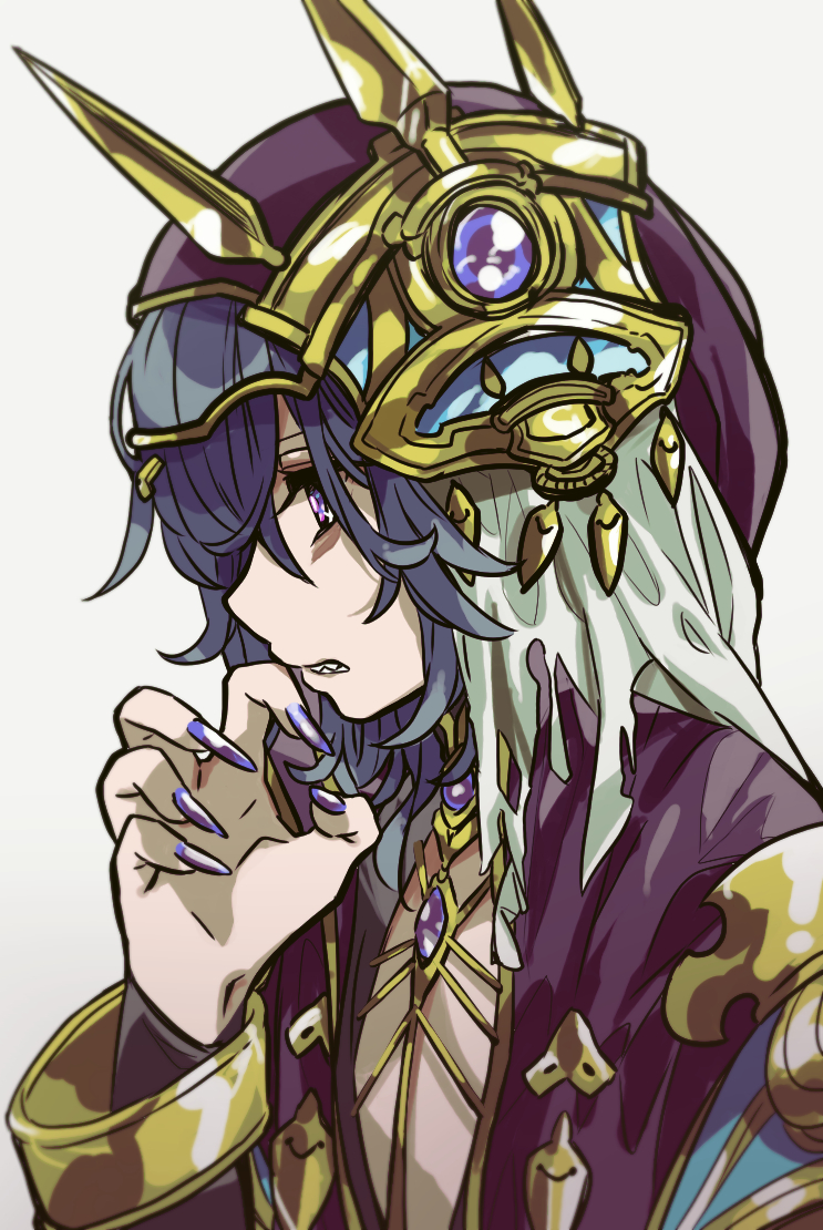 1girl, bangle, bangs, black_hair, bracelet, clenched_teeth, cloak, fingernails, flat_chest, from_side, granblue_fantasy, grey_background, hand_up, hood, hood_up, hooded_cloak, jewelry, lich_(granblue_fantasy), medium_hair, open_mouth, osakana_(rrg0123), purple_nails, sharp_fingernails, sharp_teeth, simple_background, solo, teeth, upper_body, violet_eyes