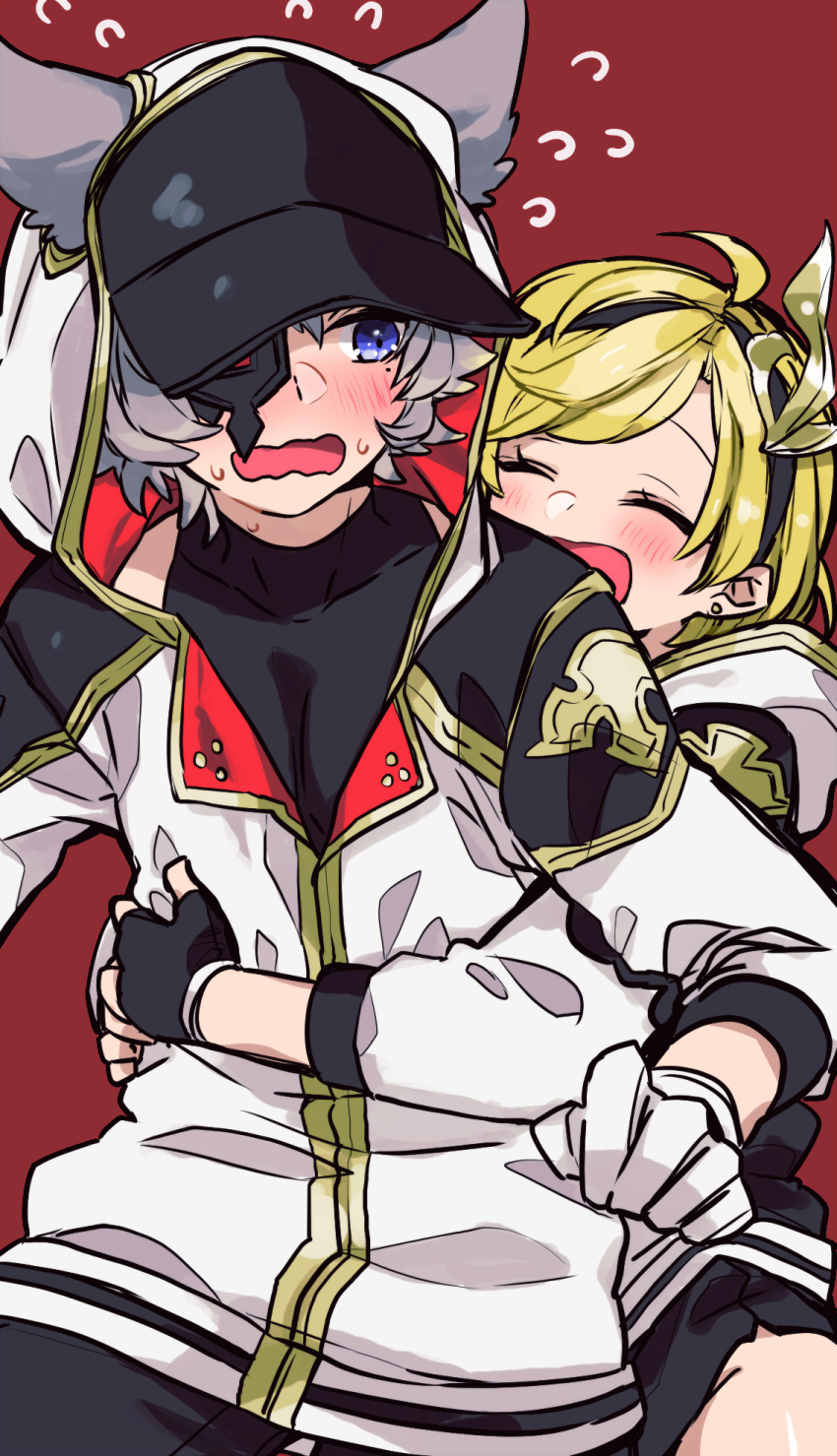 1boy, 1girl, ^_^, alternate_costume, animal_ears, baseball_cap, black_gloves, black_pants