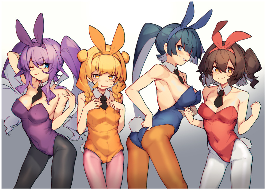 4girls, animal_ears, artist_request, bare_arms, bare_shoulders, black_legwear, blonde_hair, blue_eyes