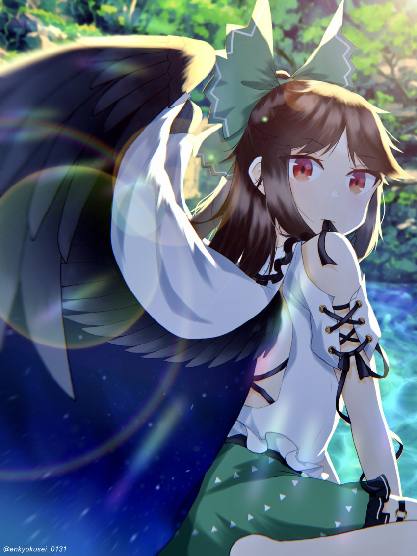 1girl, bangs, bird_wings, black_wings, blush, bow, brown_hair, cape