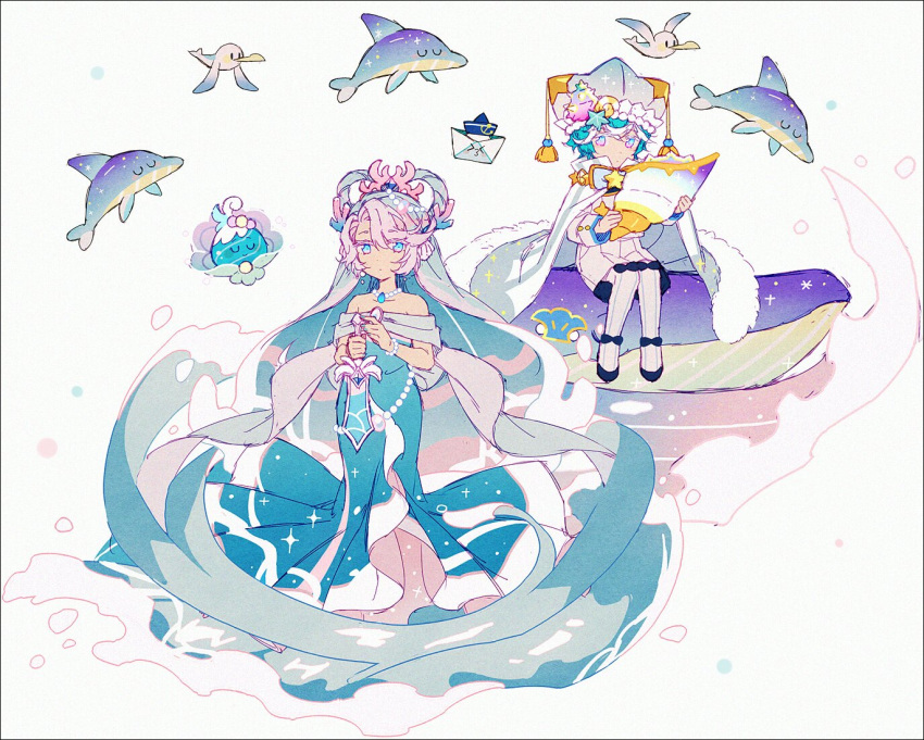 1boy, 1girl, blue_cape, blue_dress, blue_eyes, blue_hair, blue_headwear, cape
