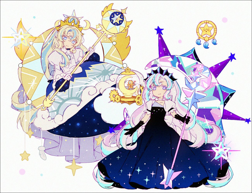 2girls, black_gloves, blonde_hair, blue_dress, blue_gloves, cookie_run, crescent, crescent_moon