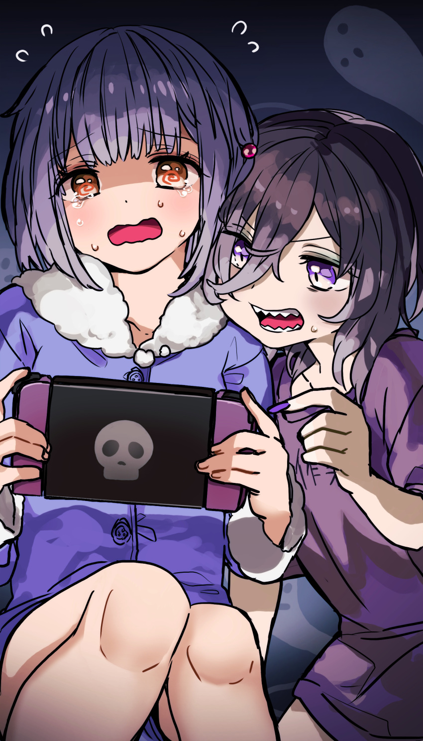 2girls, @_@, absurdres, bangs, beads, black_hair, blue_shirt, flying_sweatdrops