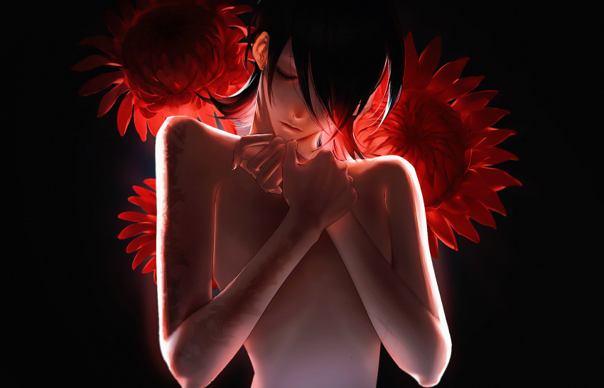 1boy, backlighting, black_background, black_hair, chrysanthemum, closed_eyes, closed_mouth, duckchuni