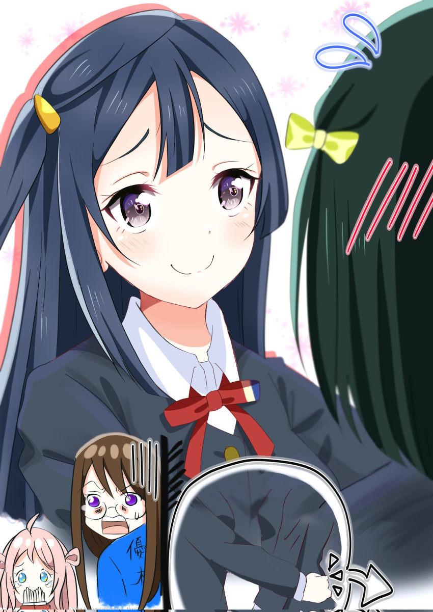 4girls, bangs, black_eyes, black_hair, black_jacket, blazer, blush_visible_through_hair, buttons