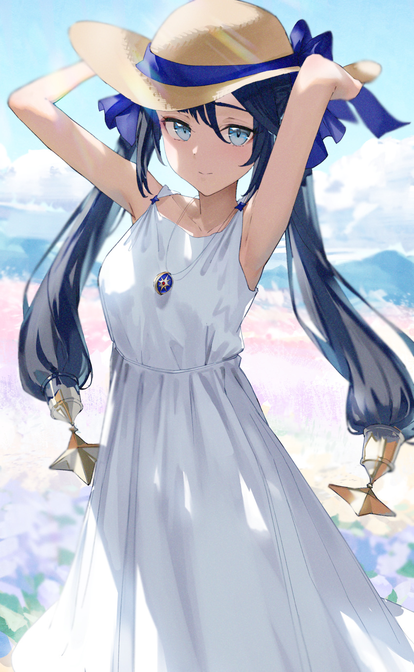 1girl, absurdres, alternate_costume, armpits, arms_up, asymmetrical_bangs, bangs, bow