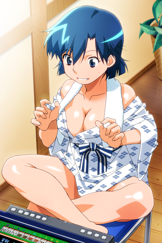 1girl, bangs, blue_eyes, blue_hair, grin, indian_style, indoors, japanese_clothes