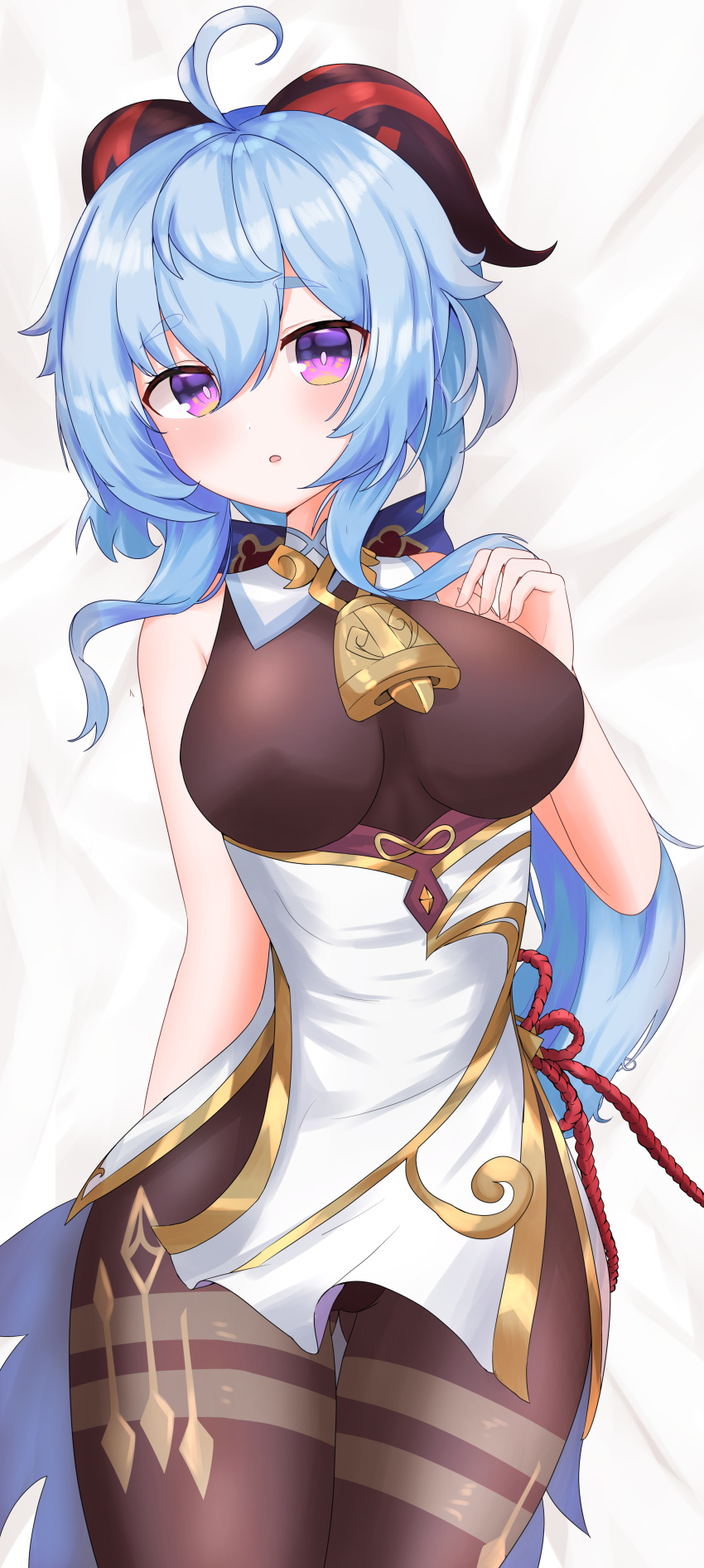 1girl, absurdres, ahoge, ass_visible_through_thighs, bangs, bare_arms, bed_sheet, bell