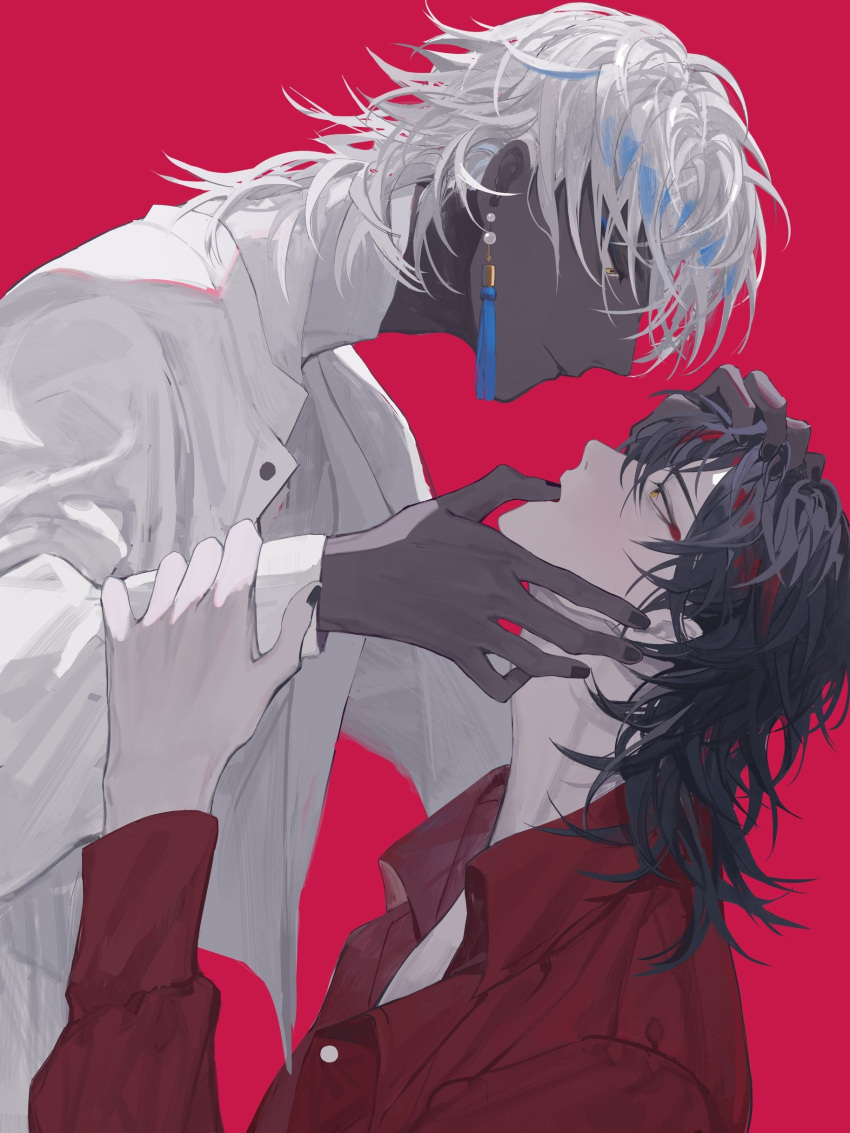 2boys, absurdres, beads, black_hair, black_nails, blue_hair, collared_shirt, dark-skinned_male