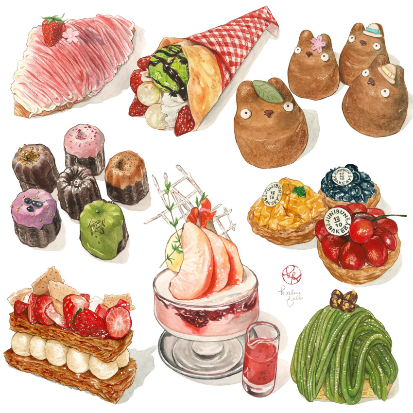 canele, cherry, cherry_blossoms, chocolate_syrup, cream, crepe, croissant, food, food_art, food_focus, fruit, fruit_tart, garnish, highres, ice_cream, ice_cream_crepe, kailene, mango, matcha_(food), mille-feuille, mont_blanc_(food), nut_(food), original, pastry, peach, still_life, strawberry, sundae, tonari_no_totoro, totoro
