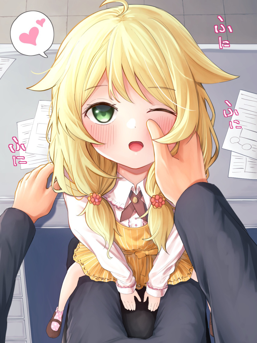 1boy, 1girl, ;o, ahoge, blonde_hair, blush, desk, dress