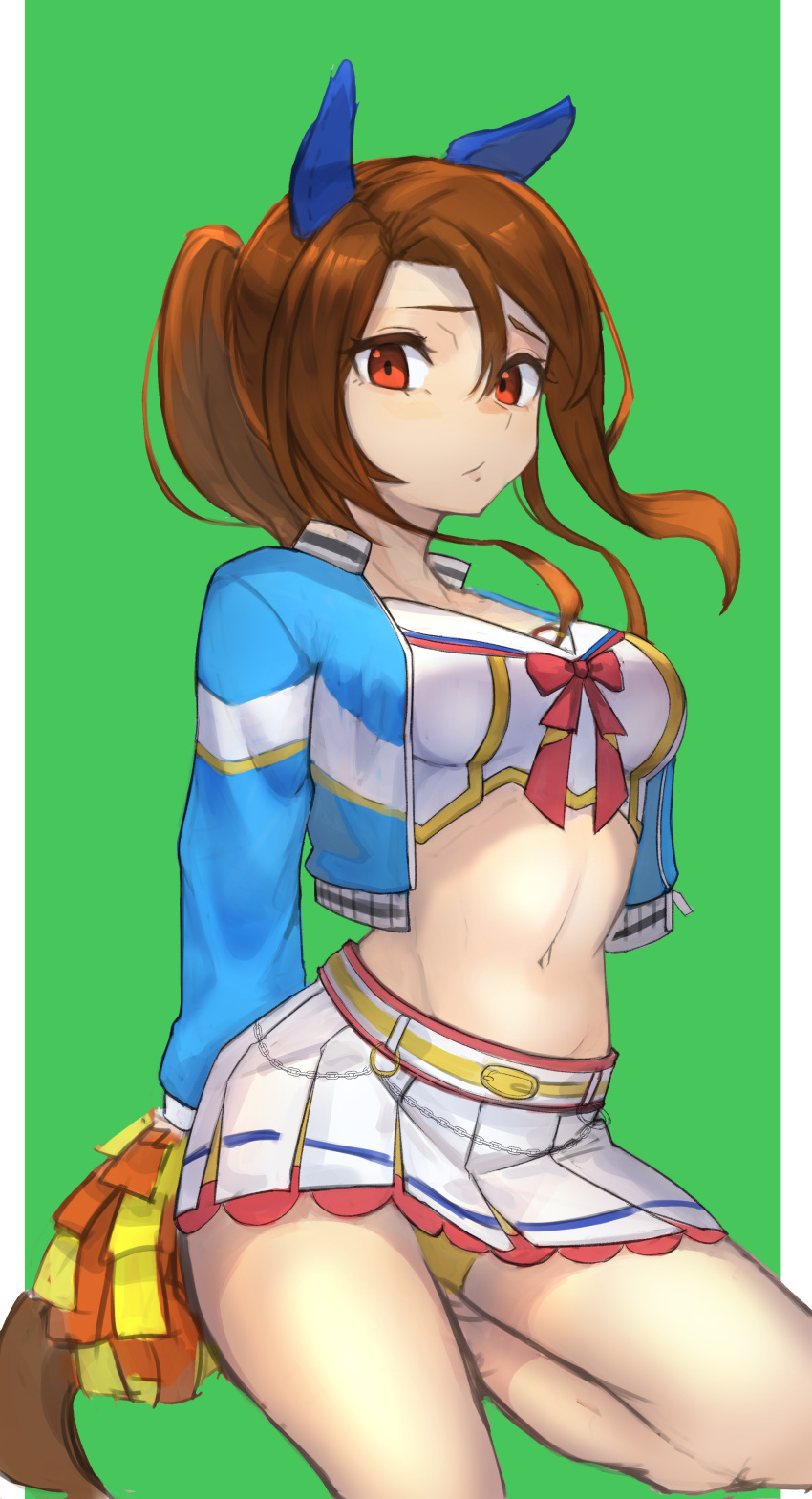 1girl, absurdres, animal_ears, arms_behind_back, bangs, belt, blue_jacket, breasts