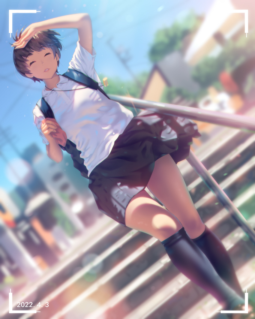 1girl, a.x., backpack, bag, bangs, black_footwear, black_skirt, blurry