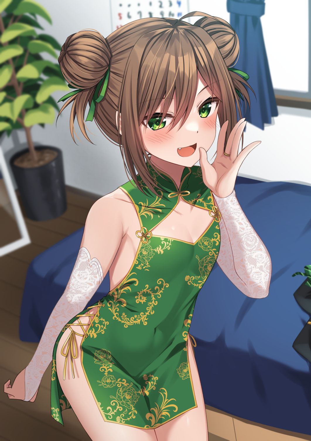 1girl, :d, armpit_crease, bare_shoulders, bridal_gauntlets, china_dress, chinese_clothes, cleavage_cutout