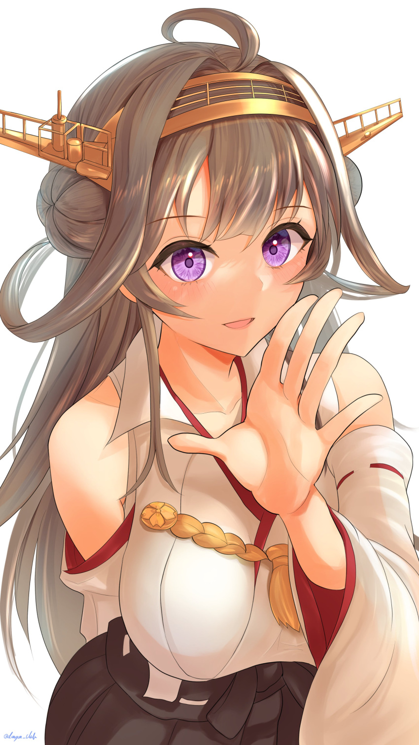 1girl, absurdres, ahoge, bangs, bare_shoulders, black_hakama, breasts, brown_hair