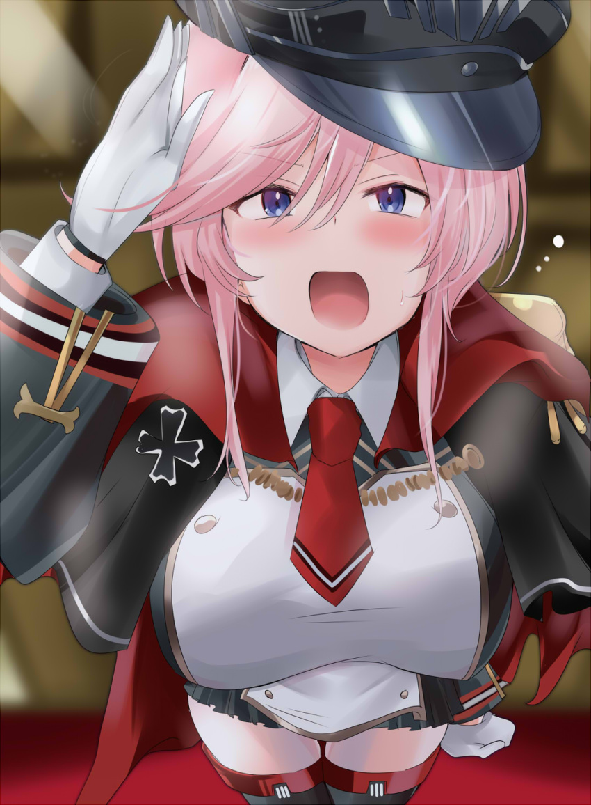 1girl, :o, azur_lane, black_headwear, breasts, commentary_request, gloves, hat