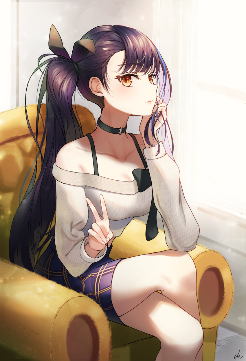 1girl, absurdres, armchair, asymmetrical_bangs, bangs, bare_shoulders, black_bow, black_collar