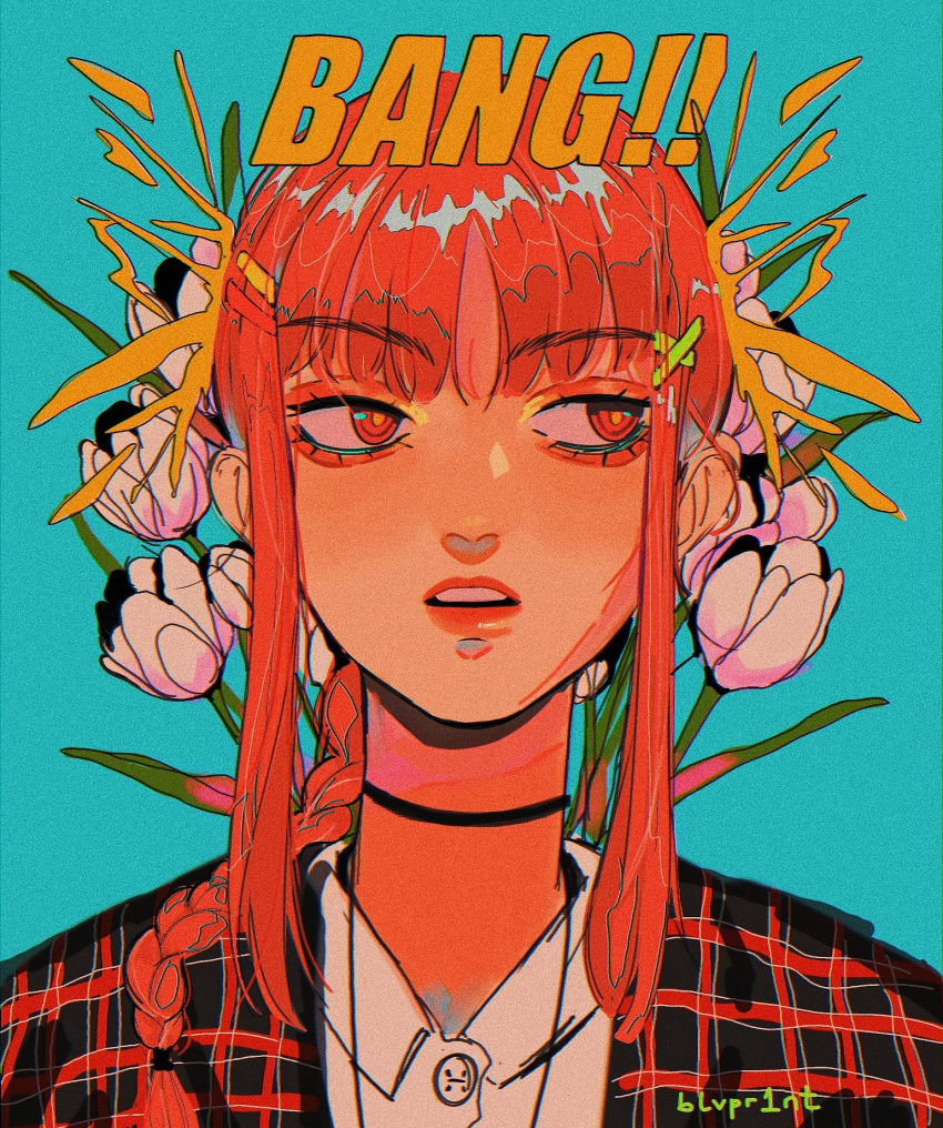 1girl, artist_name, bangs, blue_background, blvpr1nt, braid, braided_ponytail, chainsaw_man, choker, english_text, eyebrows_visible_through_hair, flower, hair_ornament, highres, jacket, lily_(flower), long_hair, looking_to_the_side, lumberjack, makima_(chainsaw_man), open_mouth, ponytail, ringed_eyes, simple_background, solo, teeth