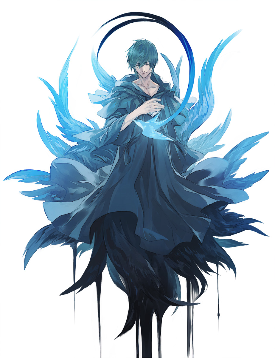 1boy, alternate_form, bangs, bird, bird_wings, black_capelet, black_robe, capelet