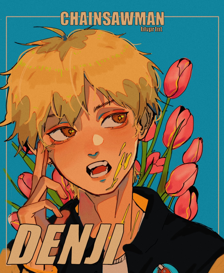 1boy, alternate_costume, artist_name, bangs, blonde_hair, blue_background, blvpr1nt, chainsaw_man, character_name, denji_(chainsaw_man), english_text, flower, head_on_hand, highres, jacket, looking_to_the_side, open_mouth, pochita_(chainsaw_man), sharp_teeth, short_hair, solo, teeth, tulip