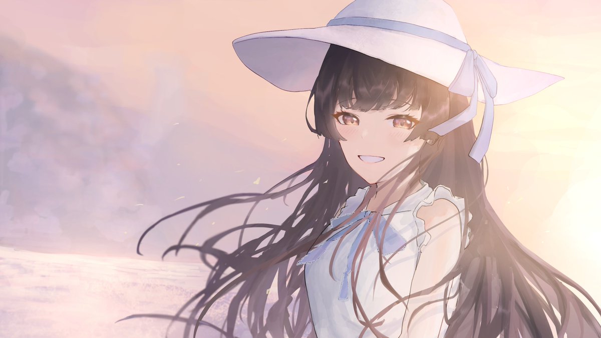 1girl, :d, bangs, black_hair, blunt_bangs, dress, grin, hat