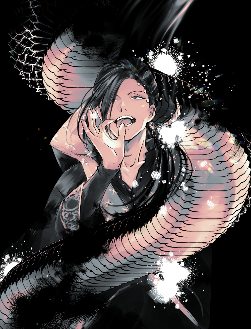 1boy, animal, black_background, black_hair, braid, coat, coin_hair_ornament, collarbone