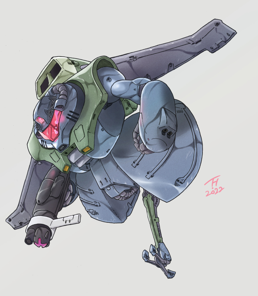 clenched_hands, flying, ginga_hyouryuu_vifam, glowing, grey_background, gun, highres, holding