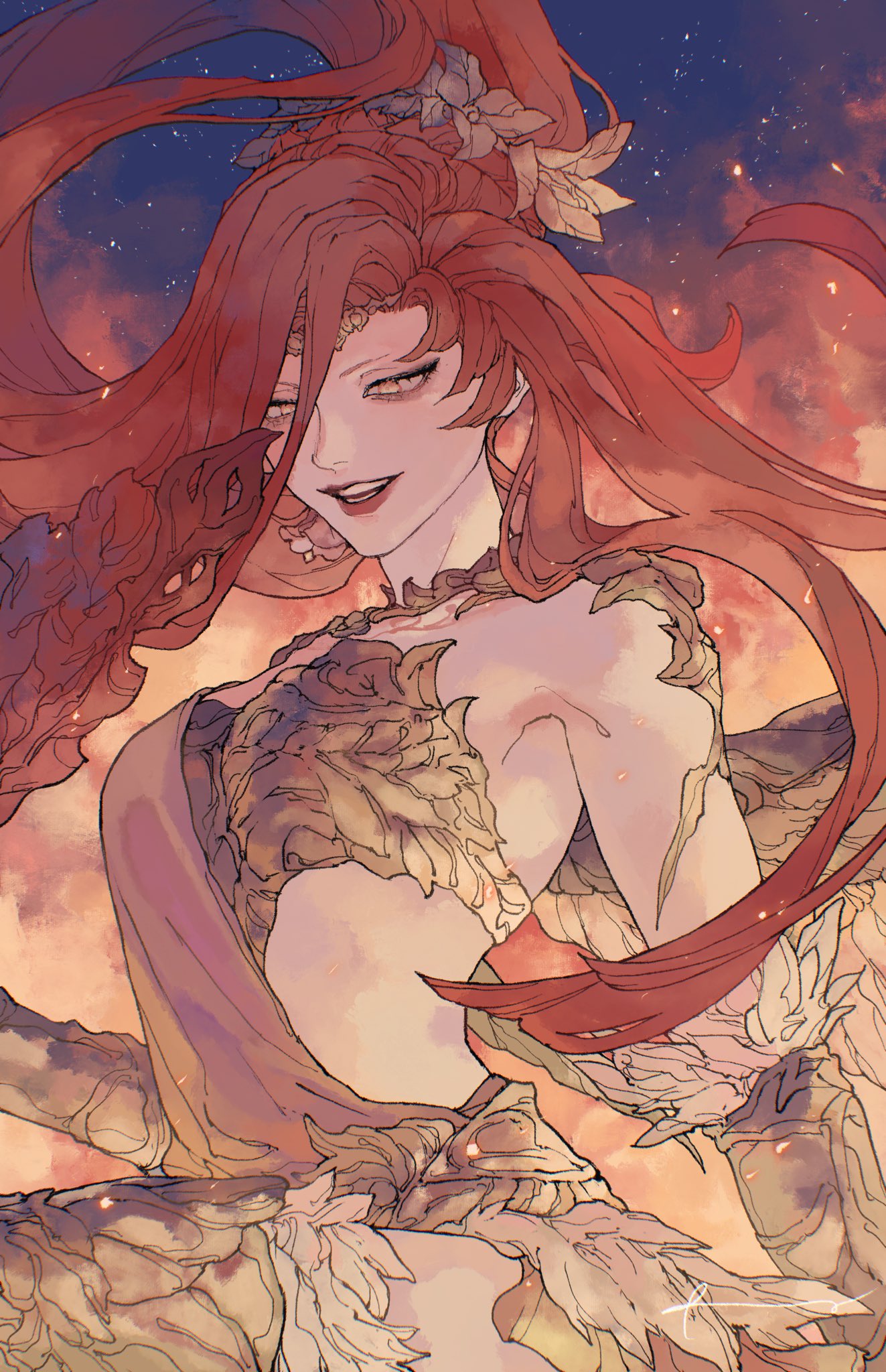 >:), 1girl, azeyma, bandeau, circlet, commentary, dadadadadaist, feather_trim, final_fantasy, final_fantasy_xiv, fire, head_wreath, high_ponytail, highres, laurel_crown, long_hair, looking_to_the_side, open_mouth, redhead, smile, solo, symbol-only_commentary, upper_body, v-shaped_eyebrows, yellow_eyes