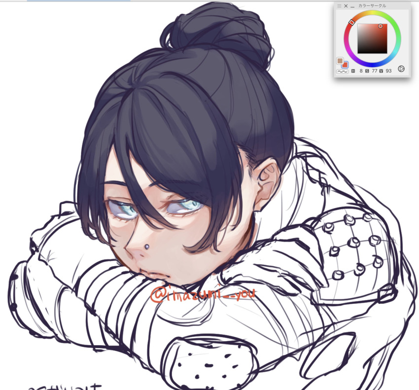 1girl, apex_legends, black_hair, blue_eyes, color_picker, crossed_arms, hair_behind_ear, hair_bun